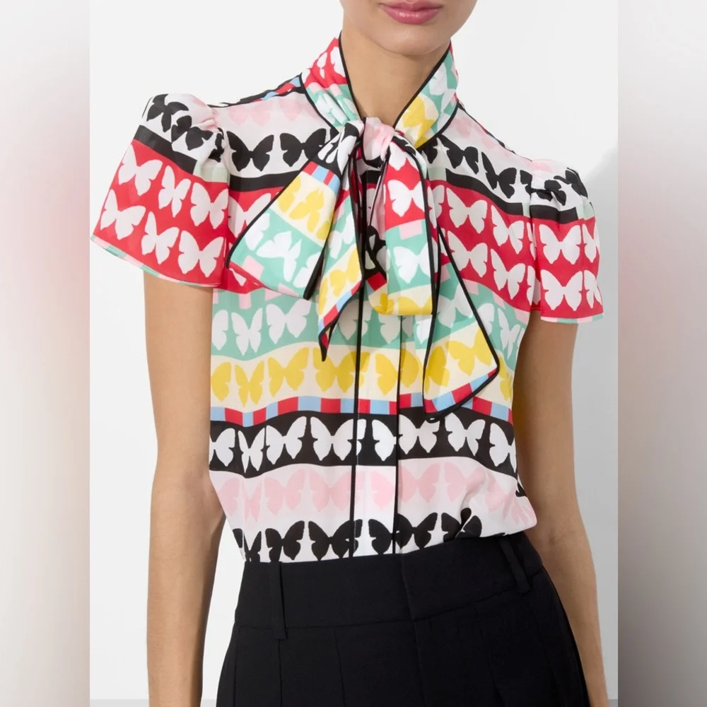 NWT Alice + Olivia Jeannie Butterfly Silk Tie-Neck Top - Picture 4 of 8